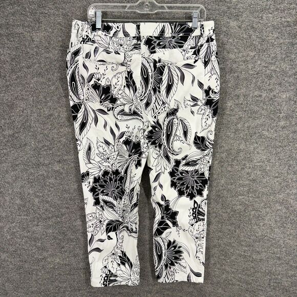 Chico's Cropped Pants Women 2 White Floral High Rise Flat Front Skinny Cotton - Picture 2 of 8